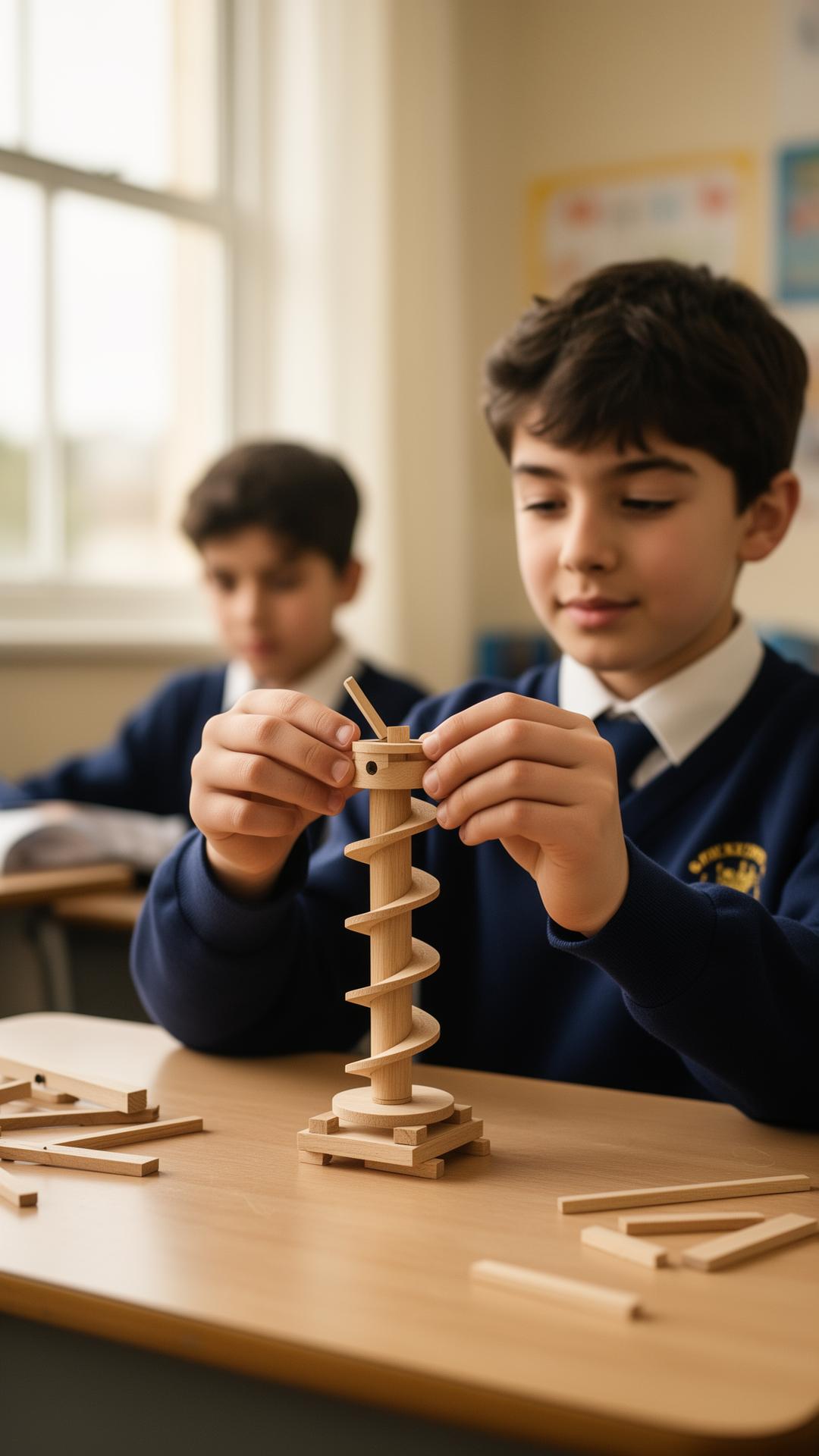 Two students carefully assembling a wooden Archimedes screw model on a classroom desk.